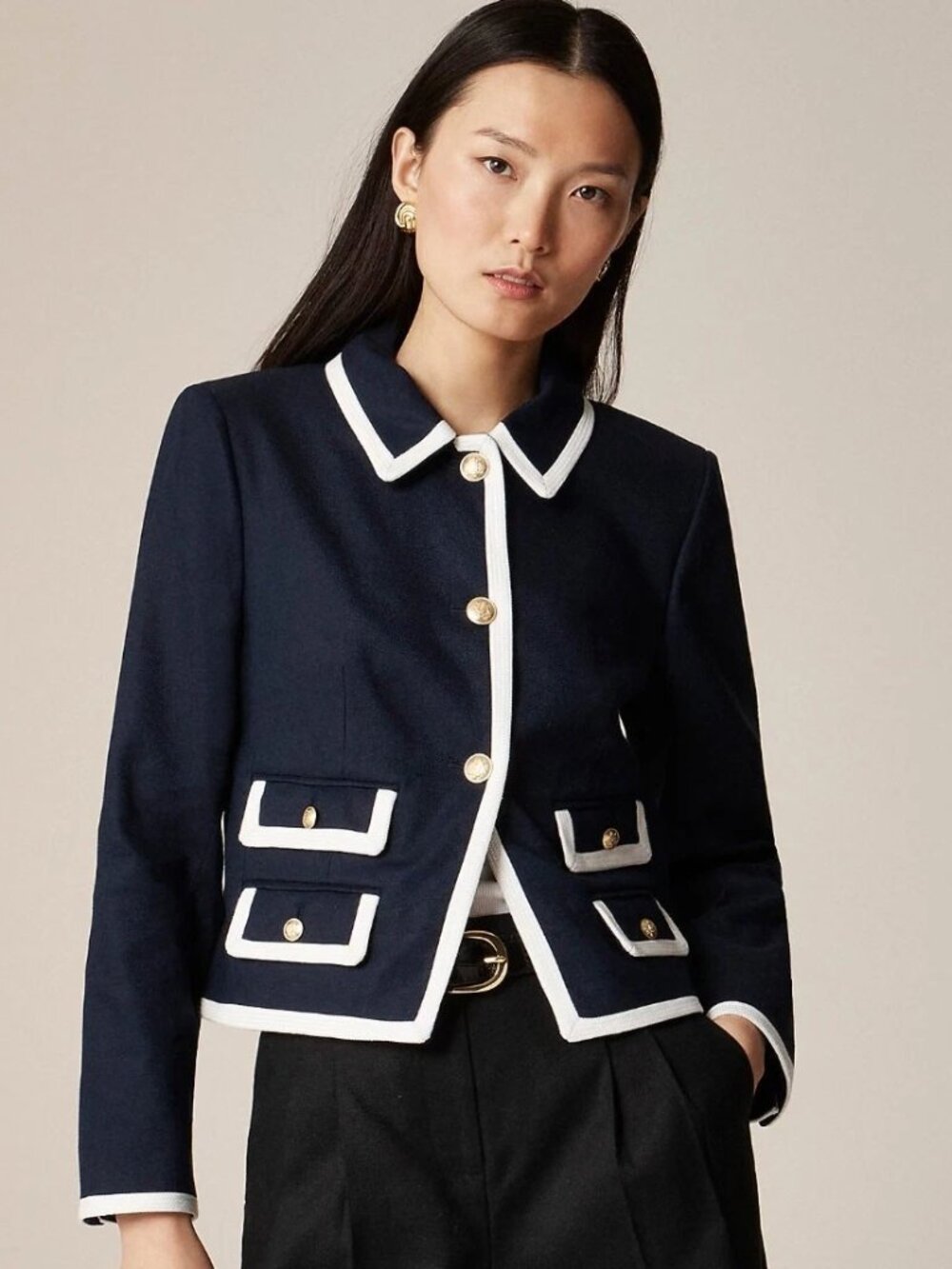 J.Crew Lucie Lady Jacket Navy Linen Cropped Blazer White Piping Gold Buttons 00